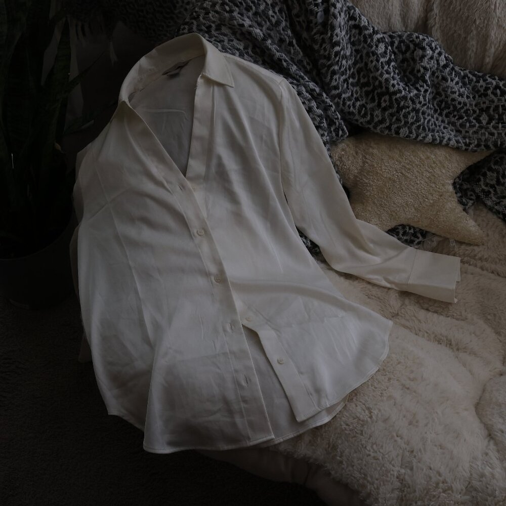 Sz S H&M Silk Oxford Button Up Shirt White